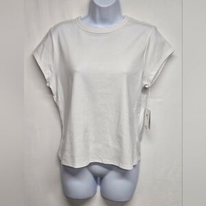 Free Assembly L 12-14 Bright White Cap Sleeve Tee Ribbed Knit Scoop Neck